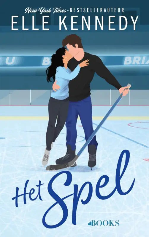 Blue and black illustrated book cover of briar u-serie 3 het spel by elle kennedy showing a couple skating ice friends to lovers