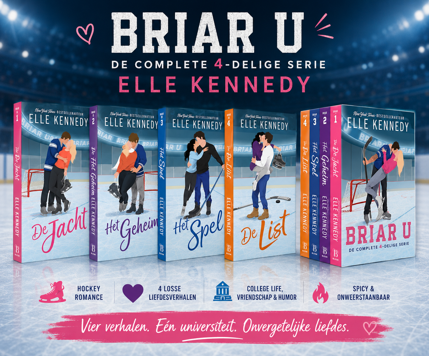 Complete Briar U-serie van Elle Kennedy met de Nederlandse paperbacks De jacht, Het geheim, Het spel en De list.