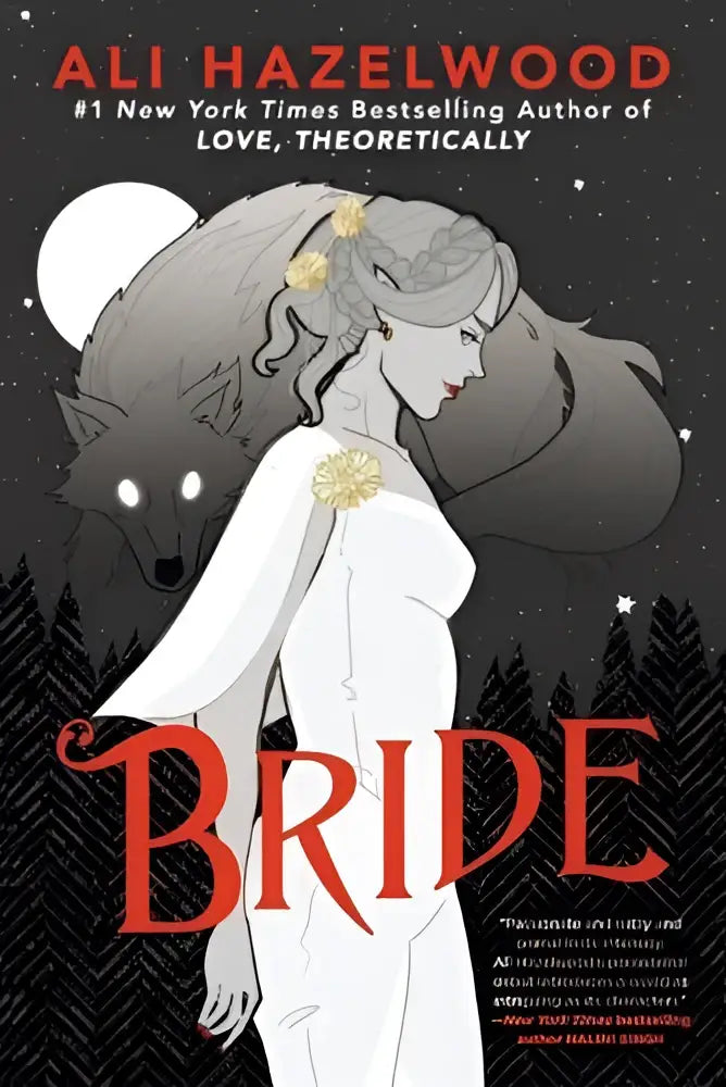 Boek cover van bride met een witte bruid, gouden bloemaccenten en een wolf in een donker bos bij volle maan