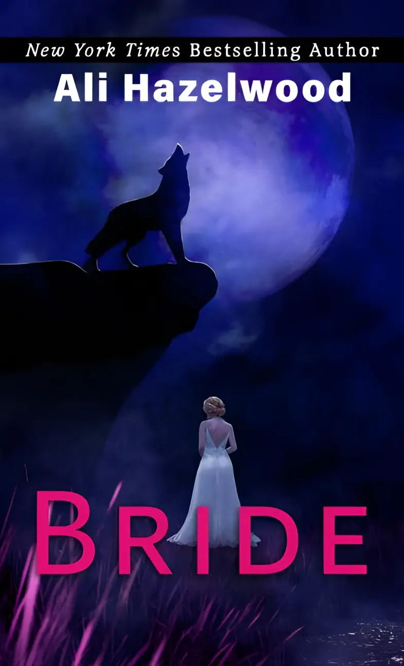 De large print hardcover van bride toont een wolf die huilt naar een grote blauwe maan boven een bruid in witte jurk