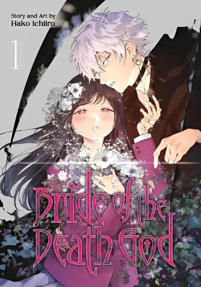 De cover van de manga bride of the death god 01 toont een jonge vrouw in een paarse jurk en een zilverharige man dicht bij haar