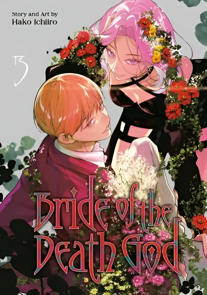 De cover van bride of the death god volume 3 toont een zwart geklede vrouw met roze haar en een oranjeharige jongen