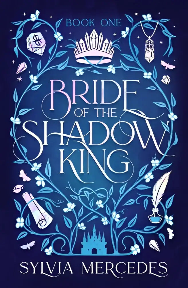 De boekomslag van bride of the shadow king toont een diepe blauwe achtergrond met zilverachtige titel en magische motieven