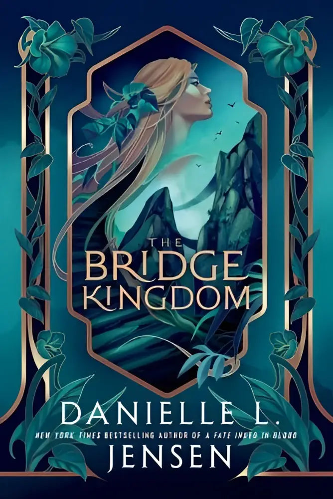 The bridge kingdom book cover features an ornate teal and gold design with a central woman and stylized foliage illustration