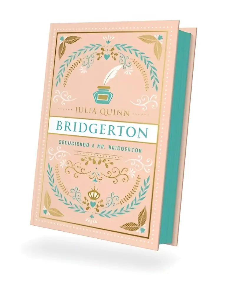 Een roze gebonden boek met gouden en groene sierdetails getiteld Bridgerton 4 seducing mr Bridgerton van Julia Quinn