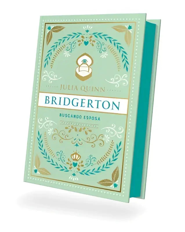 Een muntgroene hardcover editie van bridgerton 8 buscando esposa van julia quinn met goud en teal decoratieve randen