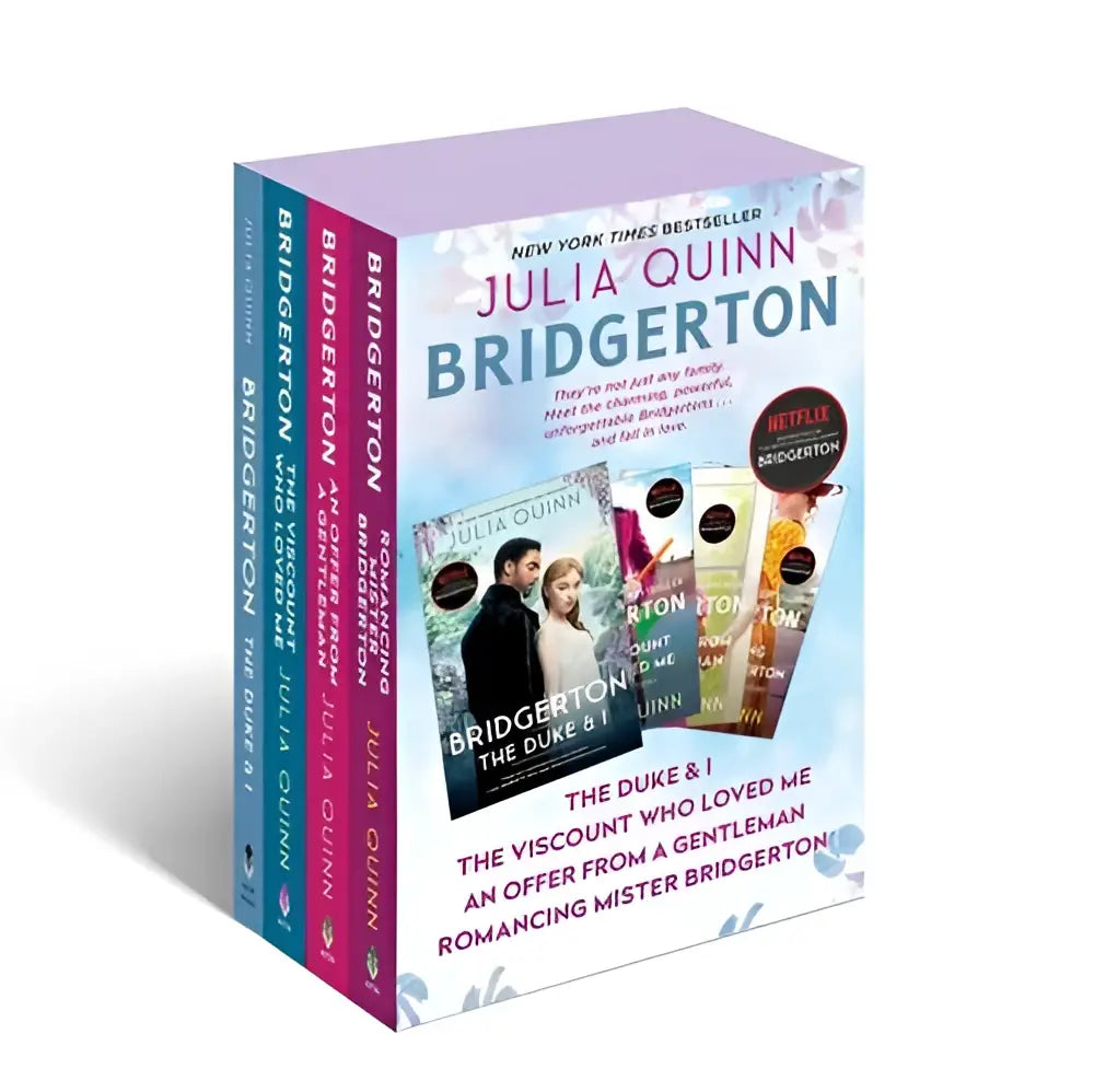 De bridgerton boxed set 1–4 door julia quinn met lavendelwitte omslagen en gouden folie accenten van avon usa