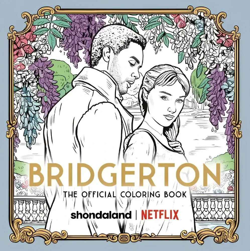 De official coloring book bridgerton toont een gouden lijst met zwart-witte lijntekeningen en paarse blauweregen