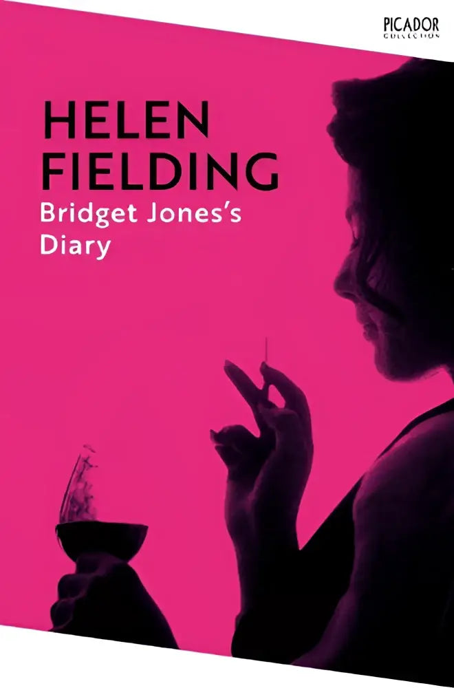 Een levendige roze boekomslag van bridget jones’s diary met een silhouet van een vrouw met glas en sigaret