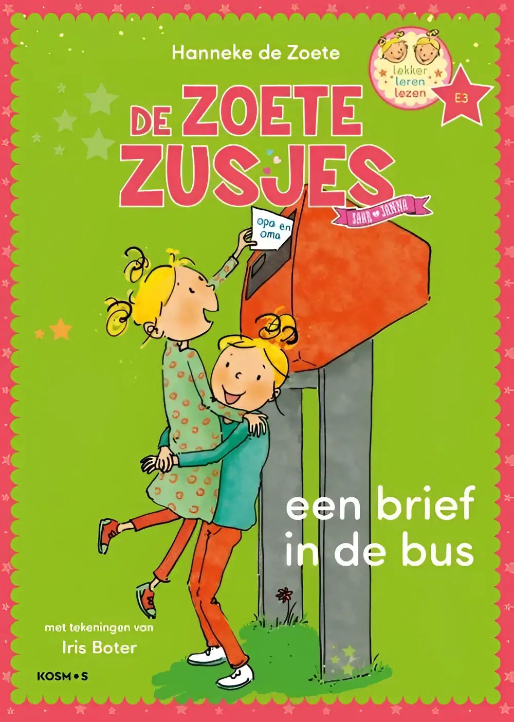 Een feloranje brievenbus met een rood stervormig stickerdeel uit de serie leren lezen zoete zusjes