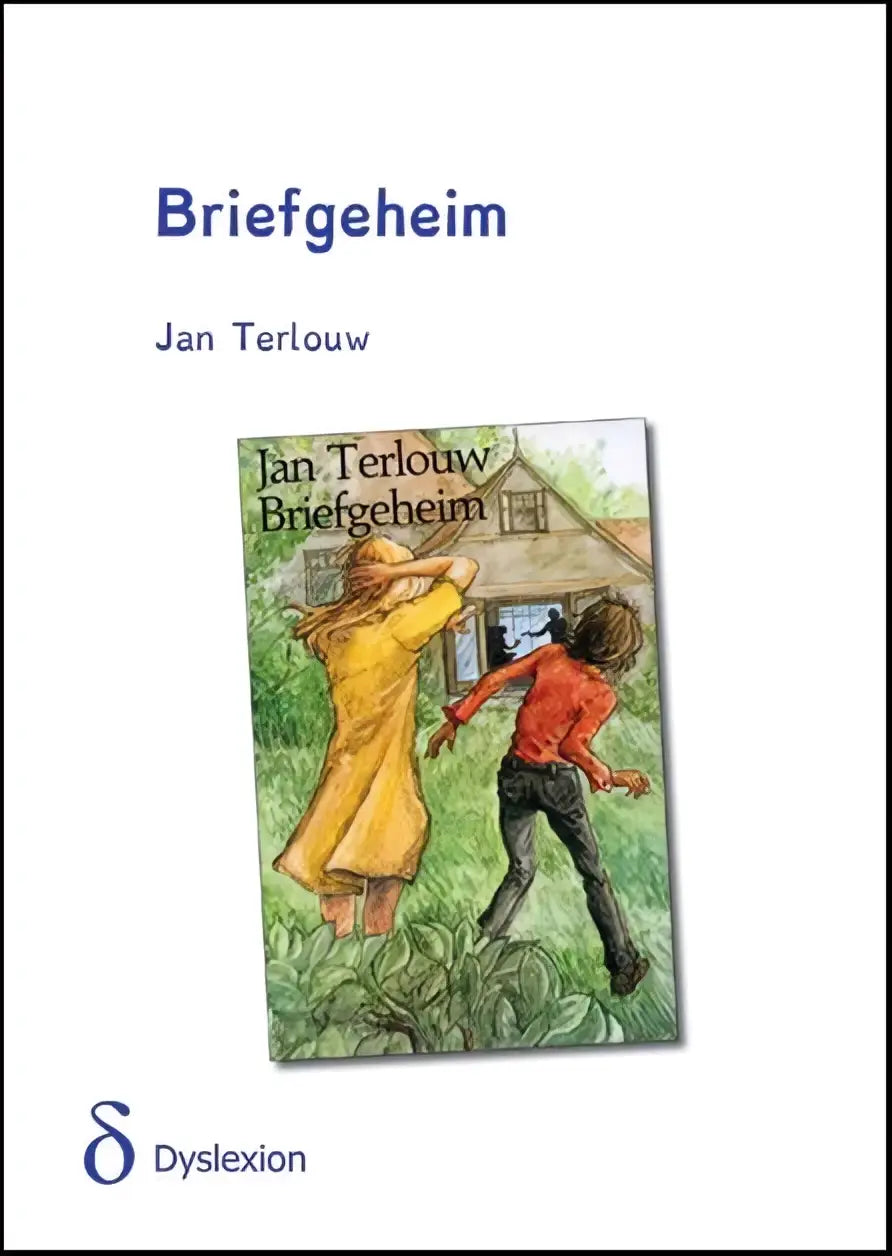 De boekcover van briefgeheim toont een illustratie van twee kinderen in een grasveld in gele en rode kleding