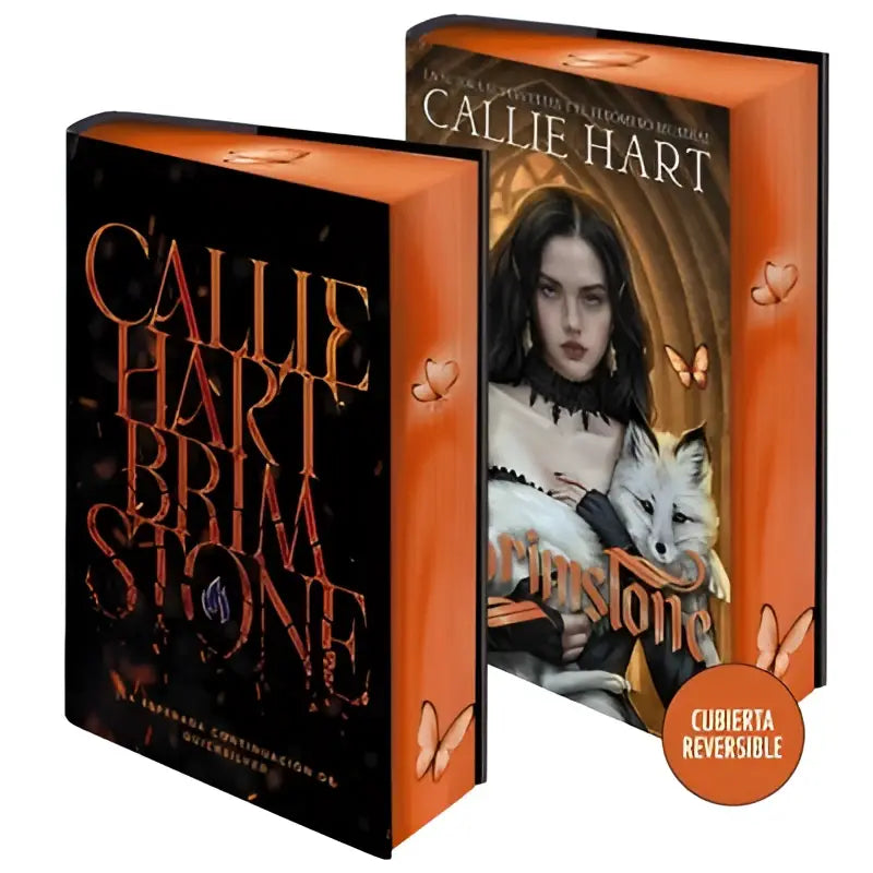 Oranje harde kaft boek brimstone saga alquimia met omkeerbare kaft vrouw met vos en vlindermotieven