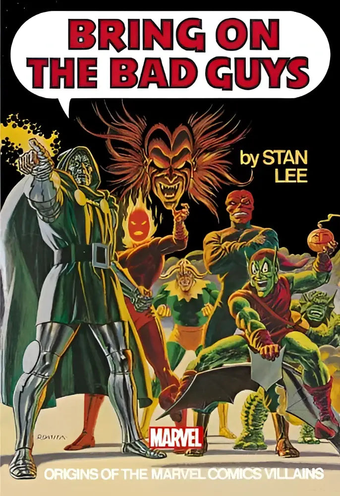 De cover van de marvel comic bring on the bad guys door stan lee met kleurrijke illustraties van doctor doom en green goblin