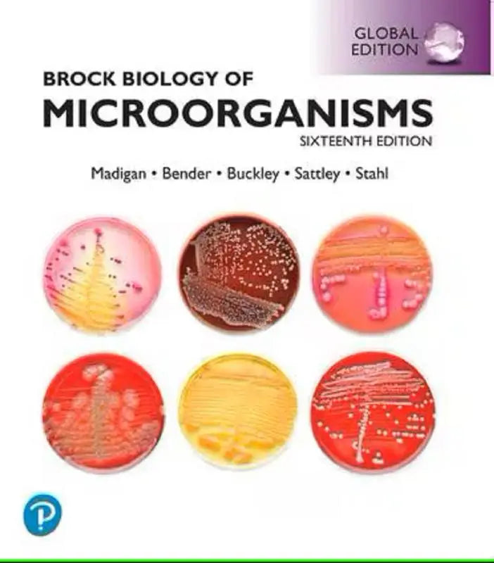 Cover van de zestiende editie van brock biology of microorganisms met zes kleurrijke petrischaaltjes en micro-organismen biology global edition