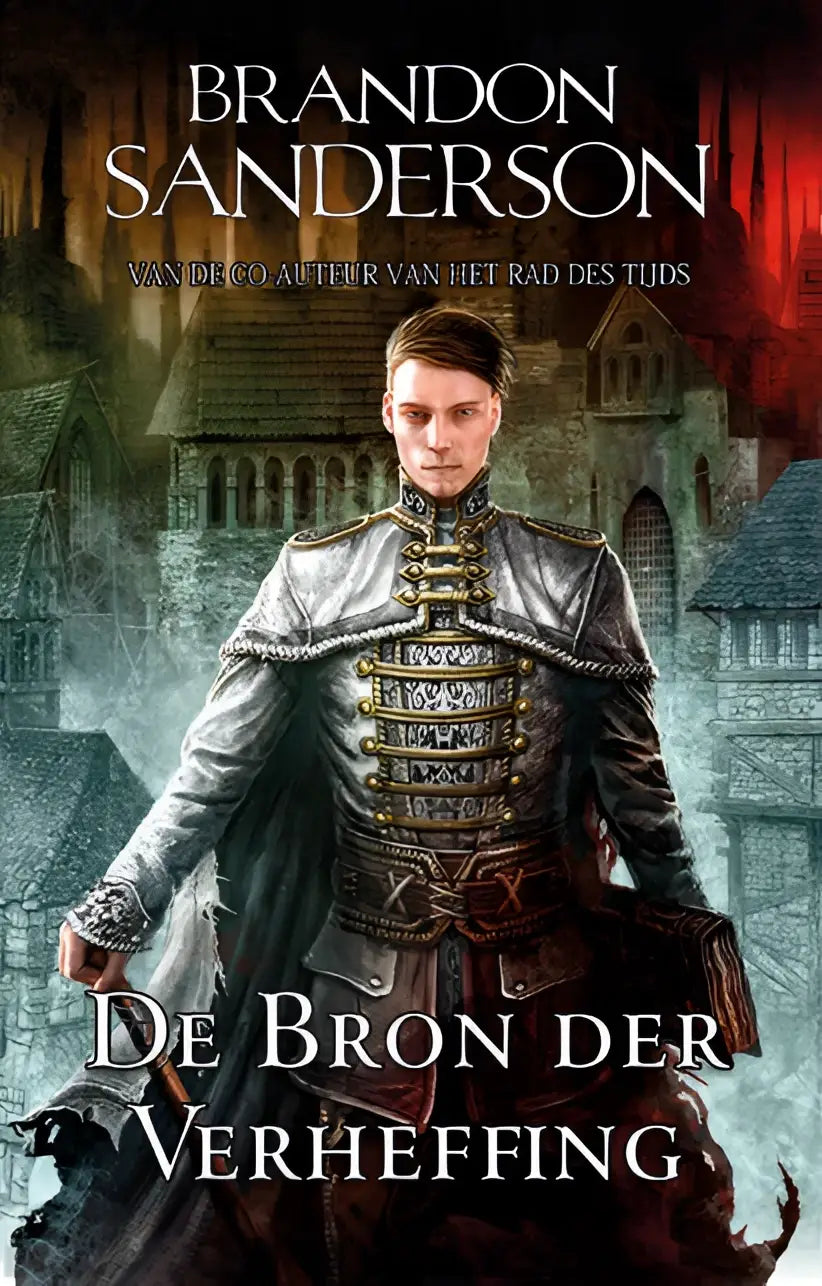 De bron der verheffing boek met een zilver en zwart harnas met gouden accenten van brendon sanderson nevelmensen trilogie