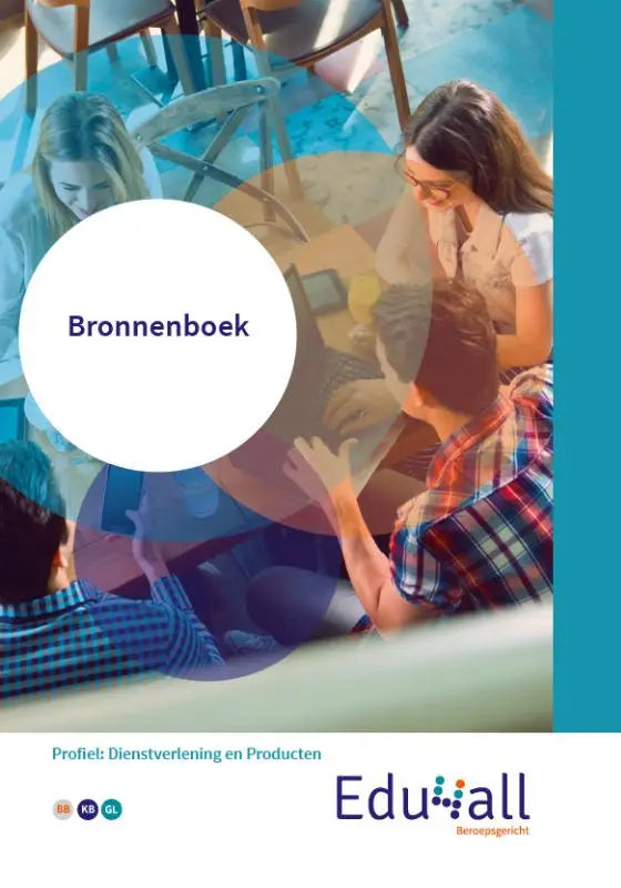 De cover van het bronnenboek dienstverlening door eduall met een witte cirkellabel en een afbeelding van samenwerkende studenten