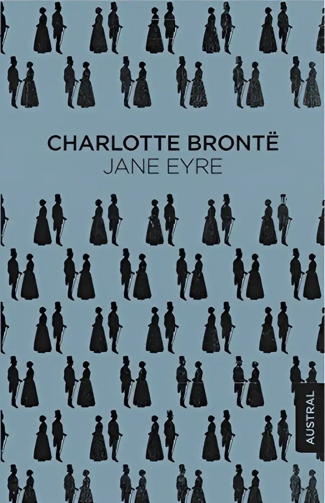 Het boek jane eyre van charlotte brontë heeft een lichtblauwe omslag met zwarte silhouetten van paren in 19e-eeuwse kleding