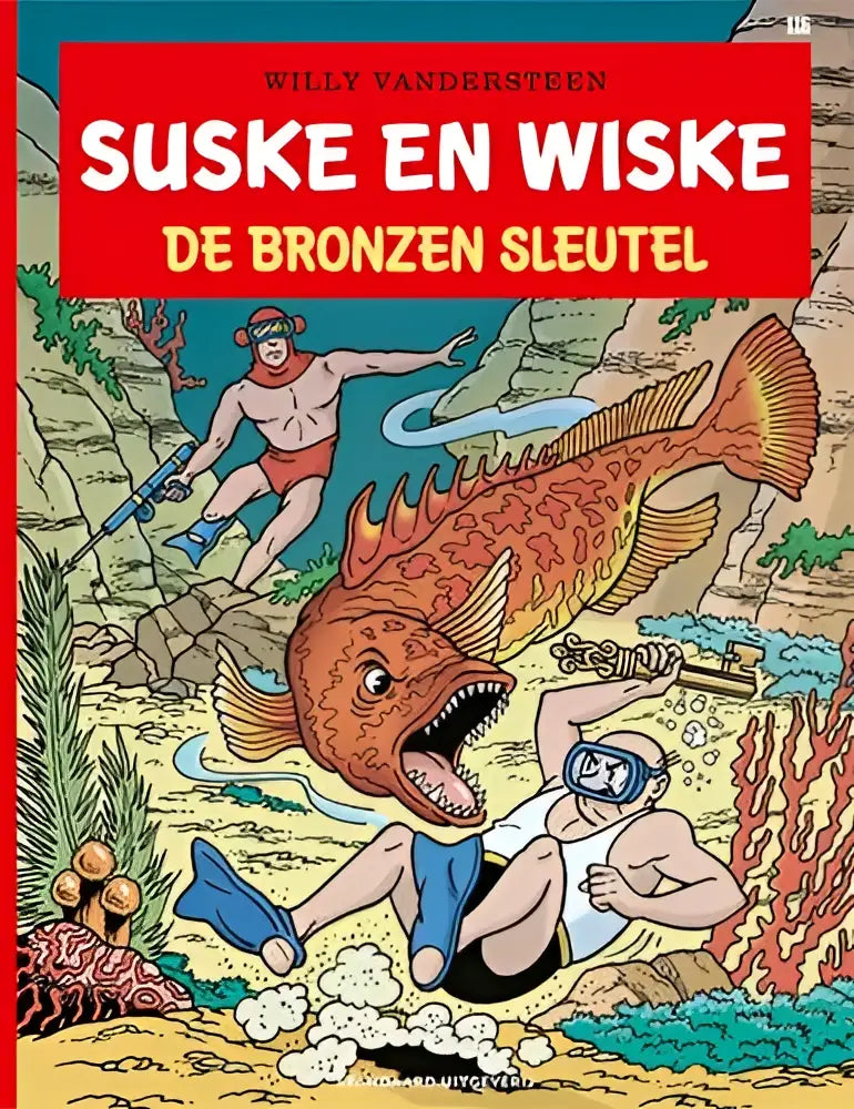 De bronzen sleutel comic cover toont suske en wiske in duikuitrusting bij een grote oranje vis onder water