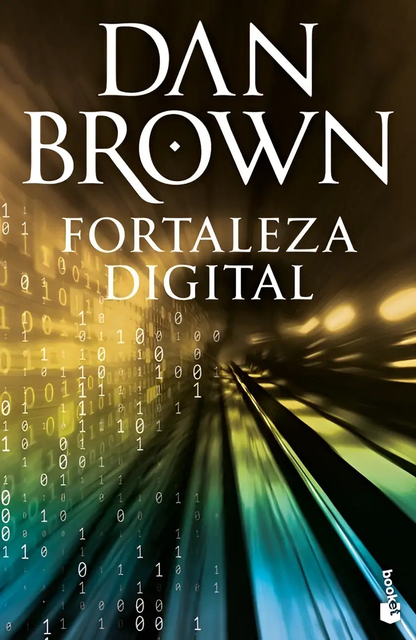 De boekcover van fortaleza digital door dan brown toont een dynamische achtergrond met digitale code en datastromen