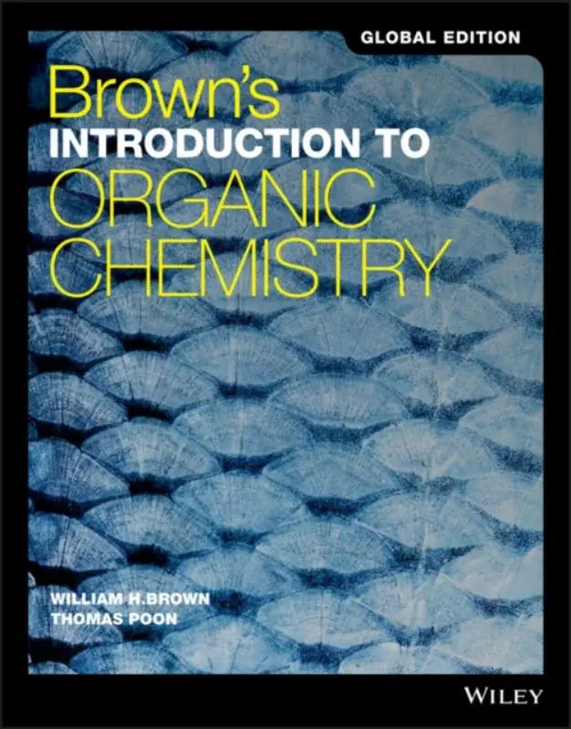 De boekcover van brown’s introduction to organic chemistry toont gele en witte tekst op een blauwe achtergrond met paraplupatroon