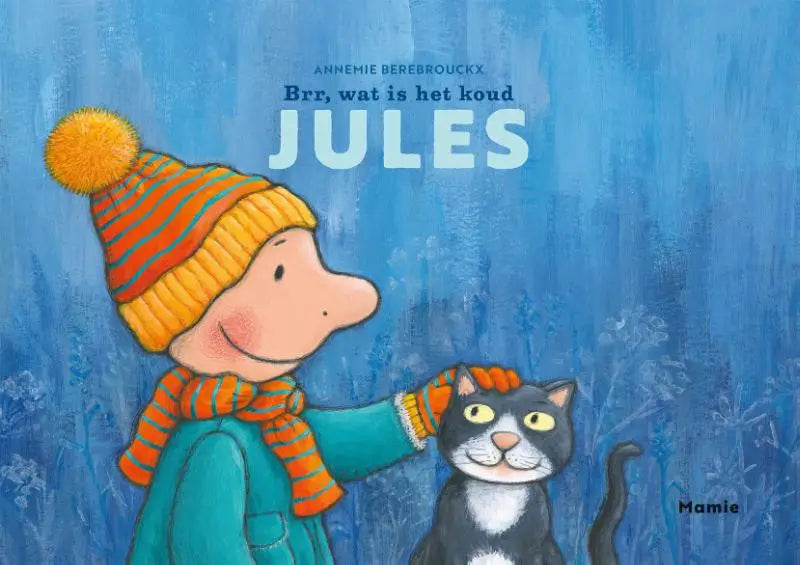 Kind draagt gestreepte oranje gele gebreide muts met pompon en oranje teal sjaal bij brr wat is het koud jules voor jonge lezers