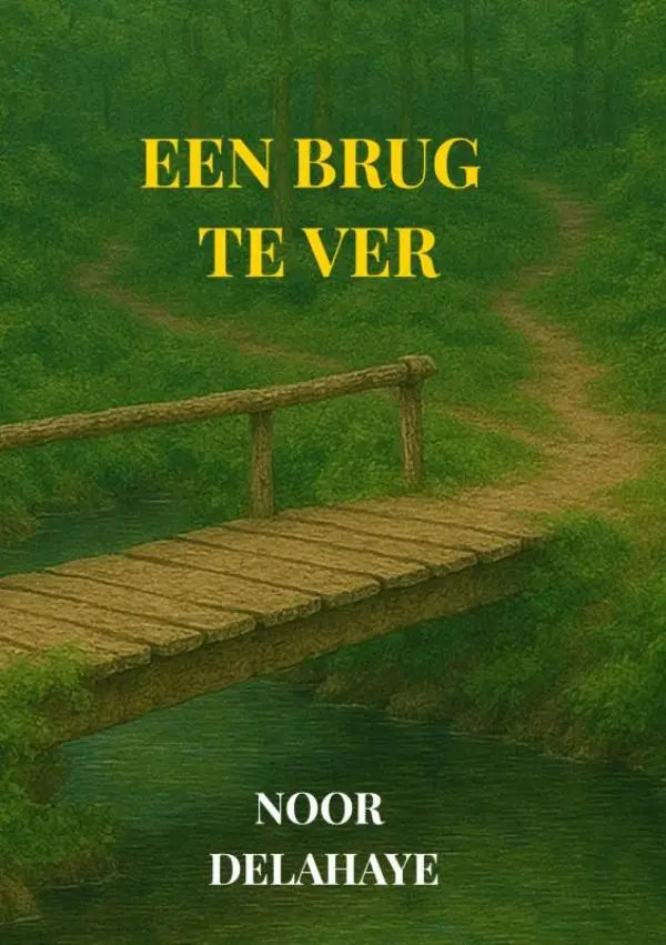 Een rustieke houten brug met verweerde planken over een rustige groene rivier in een bos voor jonge lezers