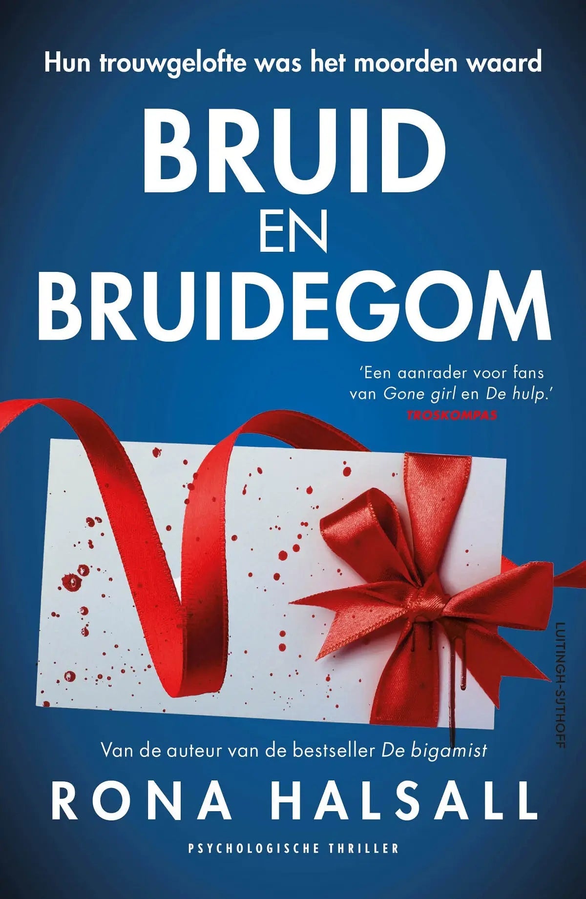 Witte geschenkdoos met rode strik en bloedspetters voor bruid en bruidegom door rona halsall luitingh sijthoff