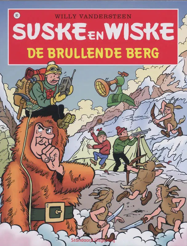 De cover van Suske en Wiske de brullende berg toont een kleurrijke avontuurlijke stripillustratie met dynamische personages