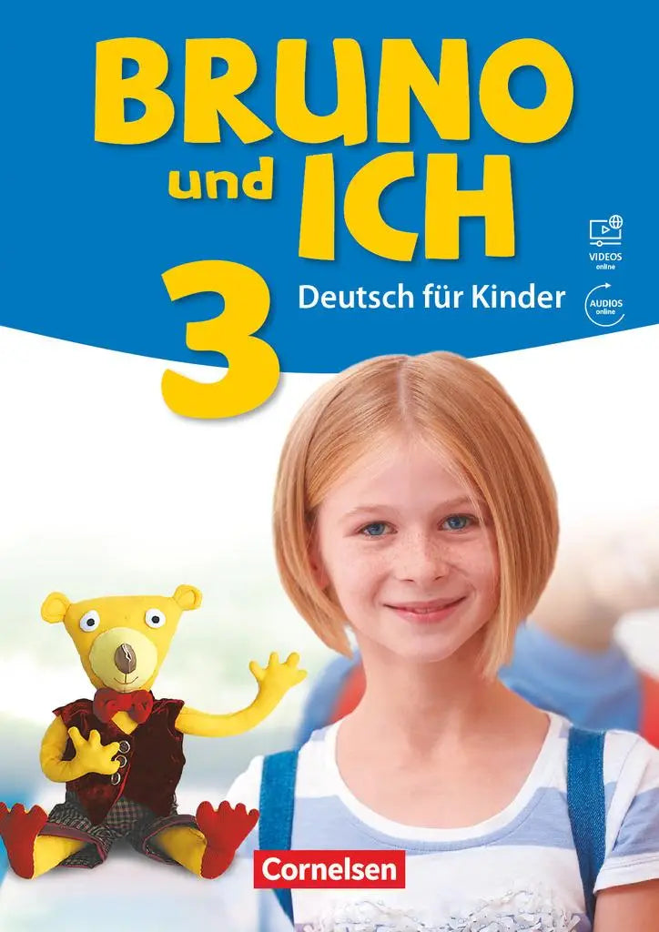 Bruno und ich band 3 sekolahboek met audio toont gele knuffelbeer bruno met rode strik en bruine vest