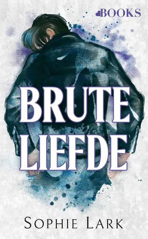 De boekcover van Brute liefde toont een aquarelillustratie van een persoon in een donkere textuurjas met blauwe en paarse accenten