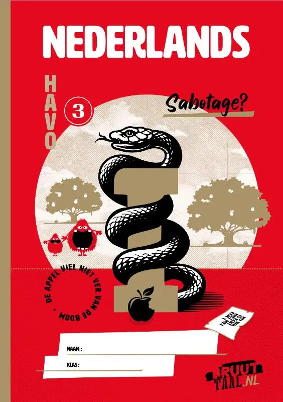 Rood dutch taalboek bruuttaal met zwarte witte slang rond nummer 3 en beige gestileerde bomen werkboeken bruuttaal