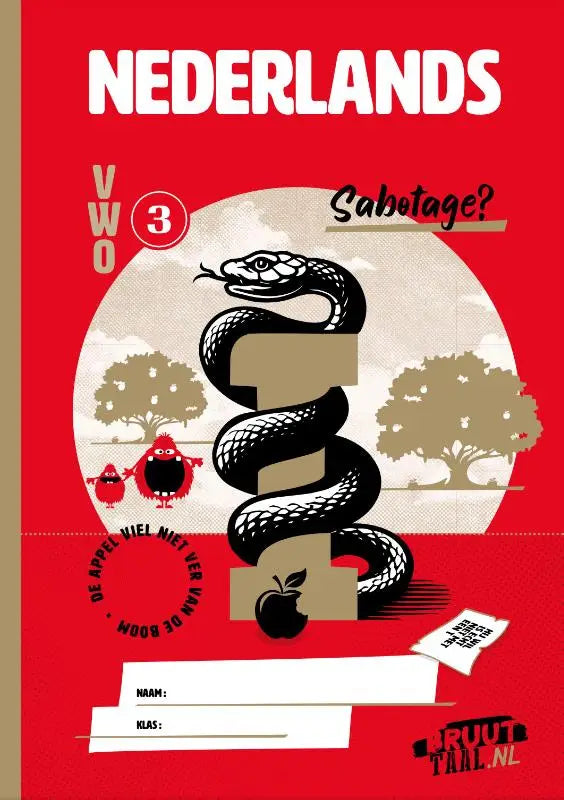 Rode dutch taalboek cover bruutTAAL met zwart-witte slang rond nummer één, beige bomen en appel aan basis