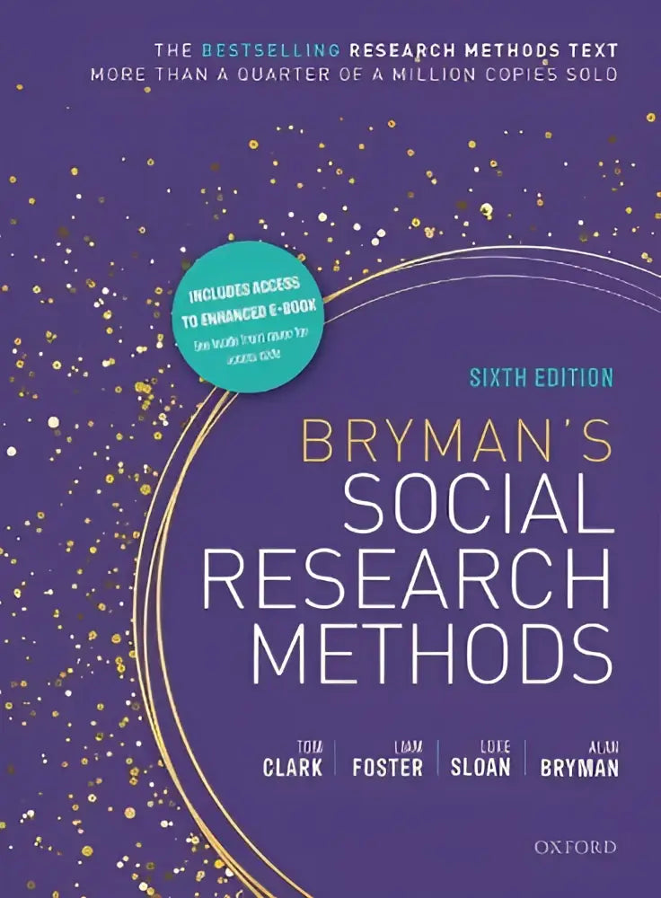 Paarse boekomslag met gouden folietekst en fonkelende gouden stippen van brymans social research methods zesde editie