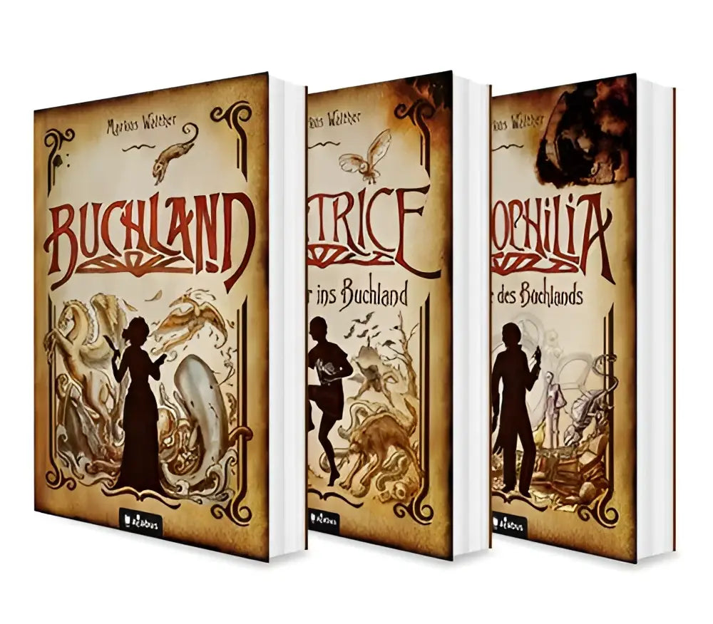 Drie geïllustreerde hardcover boeken met sepiakleurige covers, gothic letters, ins buchland trilogie paperback