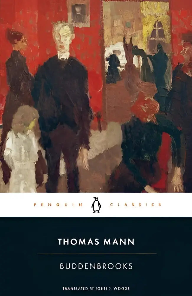 The book cover of buddenbrooks by thomas mann in penguin classics shows an impressionistic painting on red background