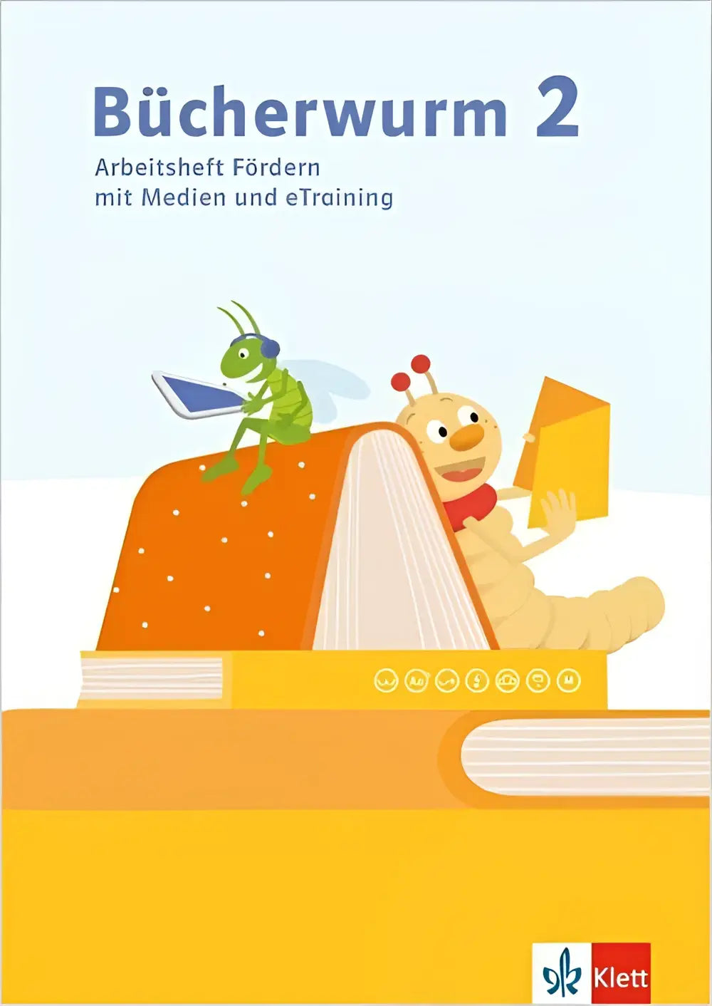 De cover van het werkenboek bücherwurm 2 met een oranje boek en medien und etraining voor klas 2