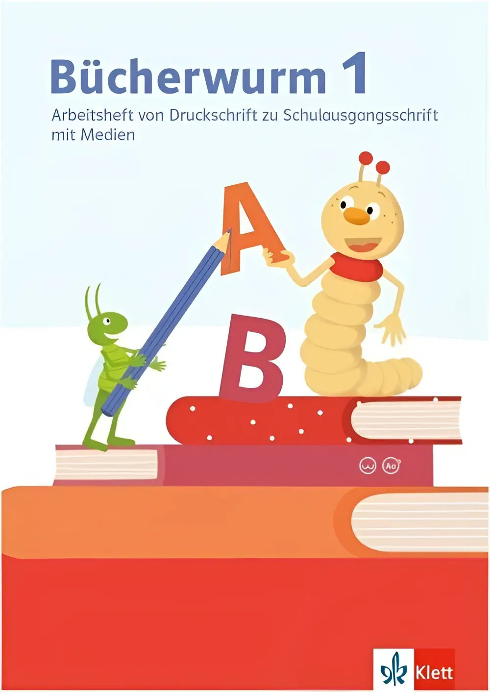 Een vrolijke gele rups met rode antennes en sjaal houdt een oranje letter a vast boven boeken in het arbeitsheft von druckschrift zur schulausgangsschrift klasse 1