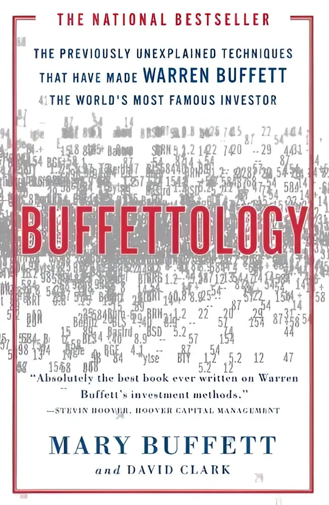 The book cover of buffettology features bold red title lettering on a white background with previously unexplained techniques