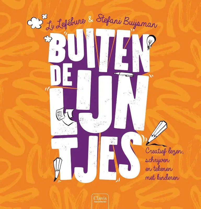 Vibrant oranje boekcover van buiten de lijntjes met witte en paarse tekst en speelse potloodillustraties voor creatief lezen