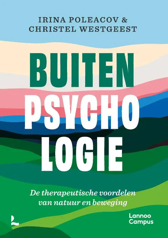 Boekcover van buitenpsychologie met groene en witte tekst op pastelgolf achtergrond over therapeutische voordelen