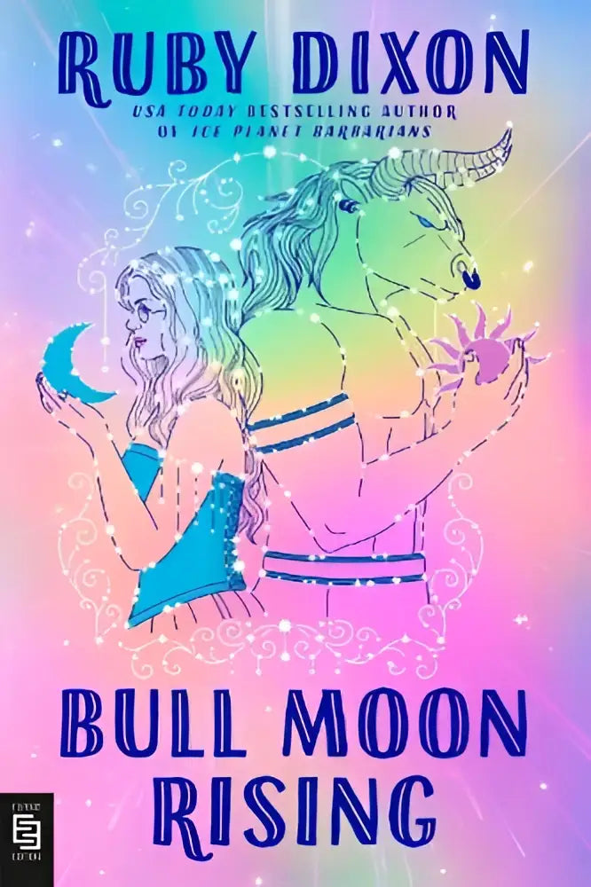 De cover van de audiobook bull moon rising toont een vrouw in blauw met een maansikkel naast een gehoornde figuur met regenboogkleurige huid