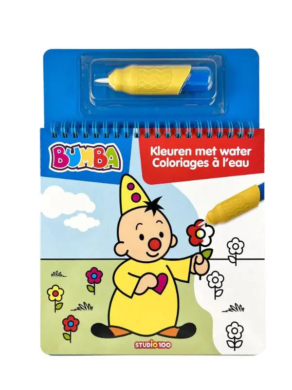 Gele kleurboek kleuren met water met bumba-personage en geel waterkwastje voor jonge lezers
