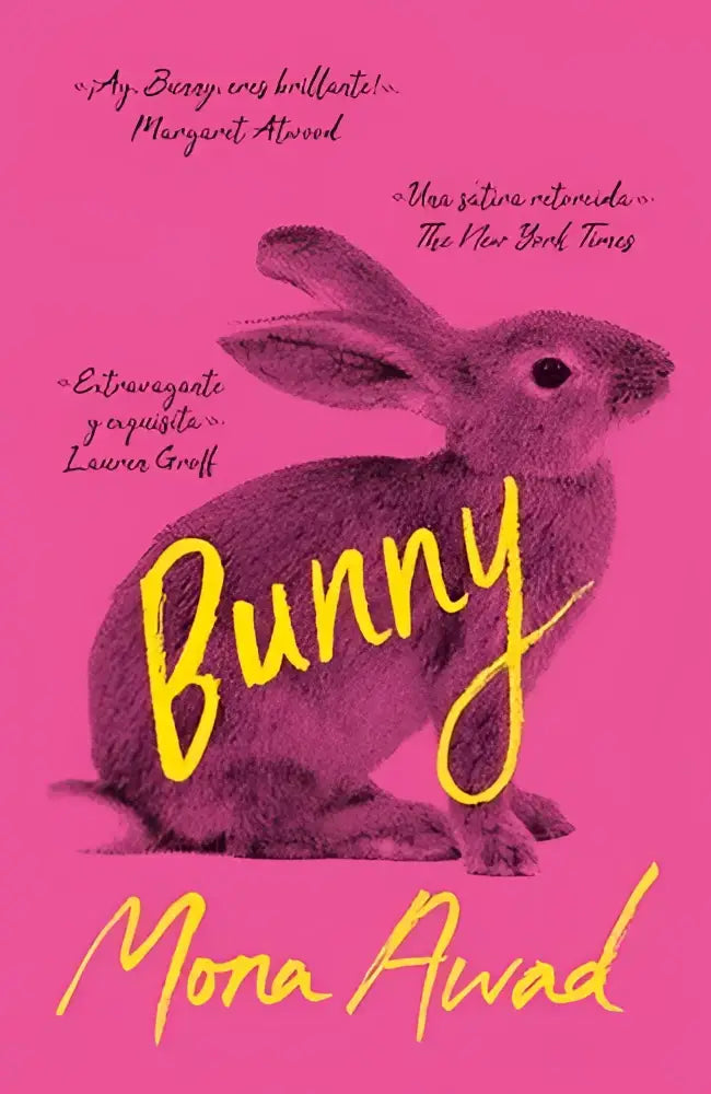 Een levendig roze boekomslag met een gestileerde paarse konijnillustratie en gele cursieve tekst bunny van mona awad