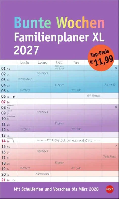 Bunte Wochen Familienplaner XL 2027 - Familienkalender mit 6 Spalten. Praktischer Familien-Wandkalender mit Schulferien. Extra breiter Terminkalender.