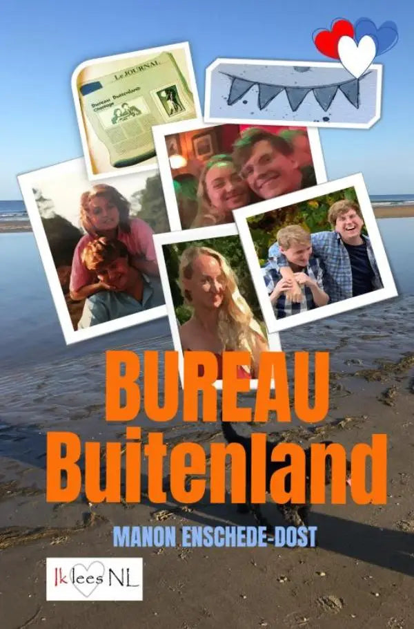 De cover van het boek bureau buitenland door manon enschede-dost met een collage van foto’s en illustraties op een strandachtergrond