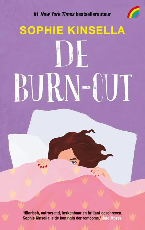 Paars boekcover van de nederlandstalige feelgoodroman de burn-out van sophie kinsella met illustratie van vrouw onder roze deken met gele kronen