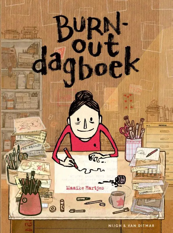 Cover van het geïllustreerde kinderboek burn-out dagboek door maaike hartjes met een meisje in rood aan bureau