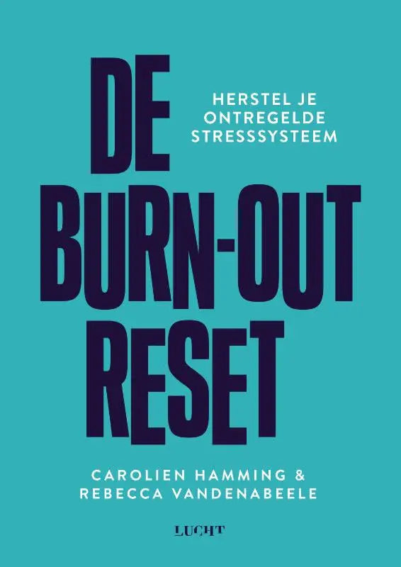 De boekcover van burn-out reset door carolien hamming en rebecca vandenabeele toont donkerpaarse tekst op effen turquoise achtergrond