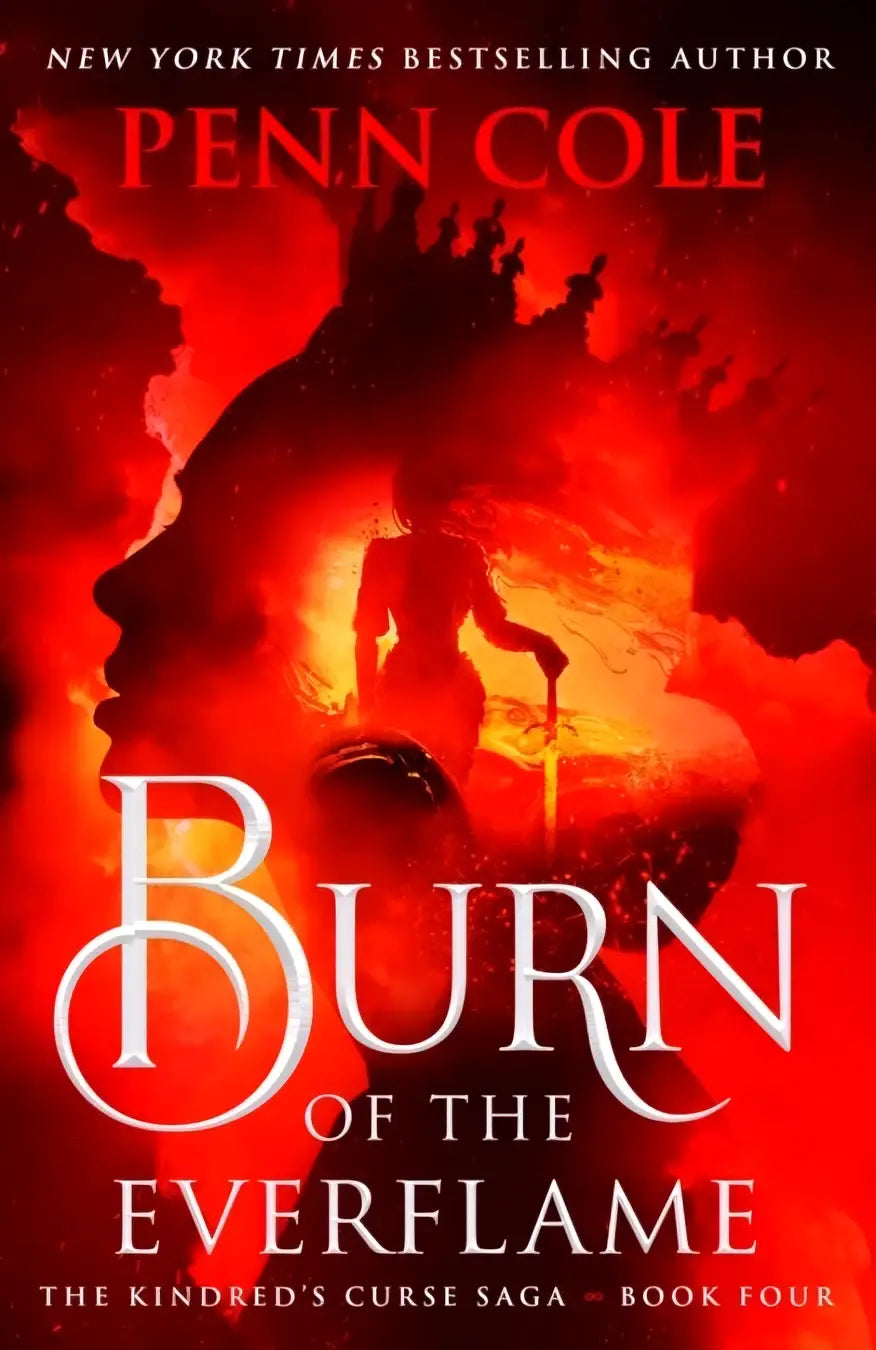 Het boek burn of the everflame toont vurige rode en oranje kleuren met silhouetten, deel van the kindreds curse saga
