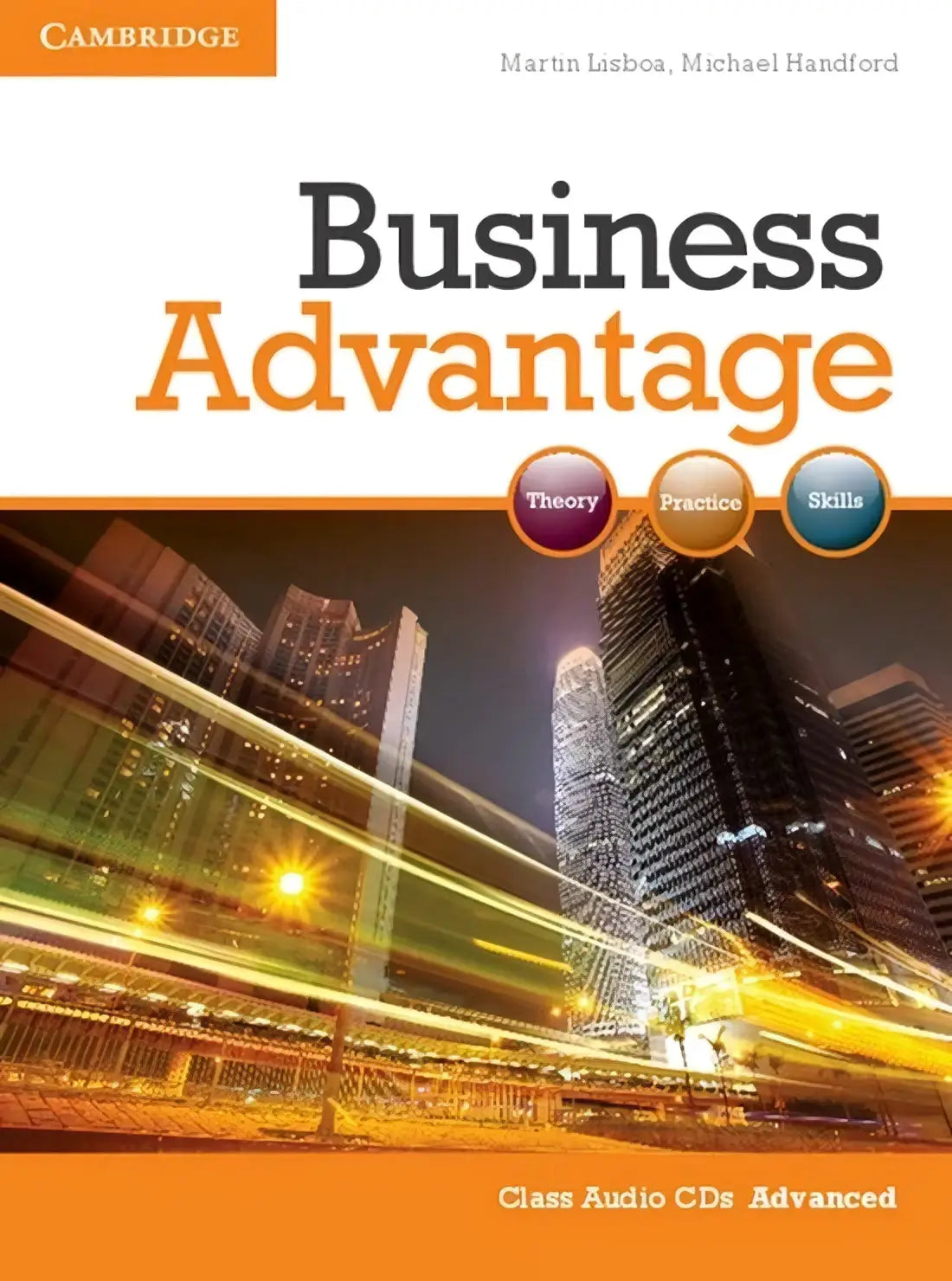 Business advantage advanced class audio-cd cursus met levendig stadszicht en voordelen geavanceerd voor professioneel gebruik